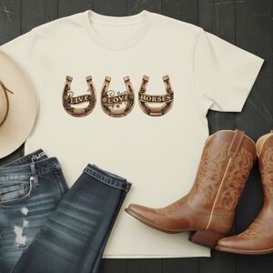 Live Love Horses Tee • Western Horseshoe Graphic Shirt • Equestrian Horse Lover